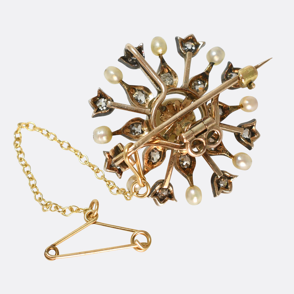 Late Victorian Natural Pearl & Diamond Snowflake Brooch Pendant