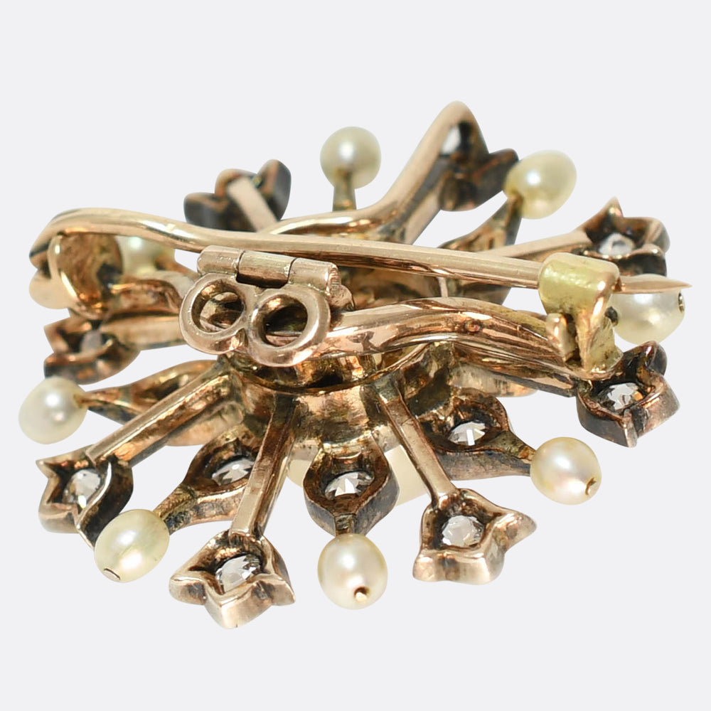 Late Victorian Natural Pearl & Diamond Snowflake Brooch Pendant