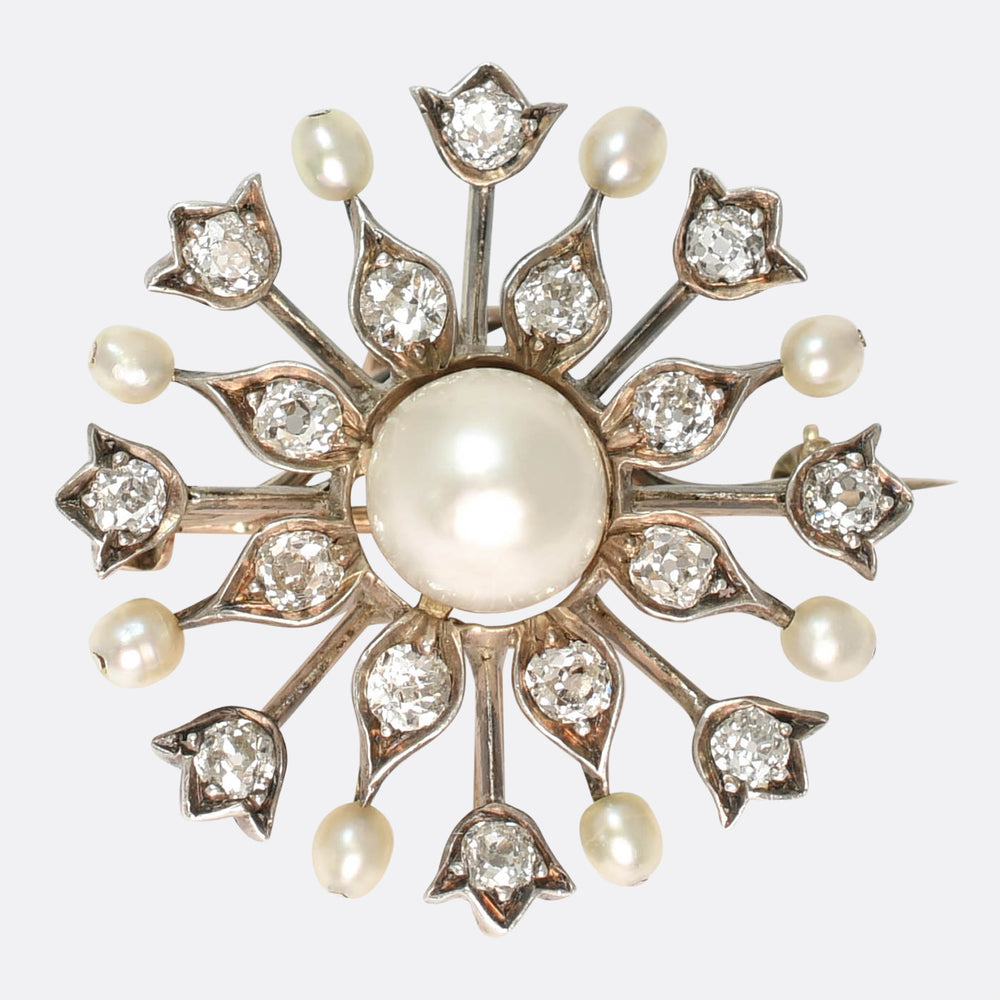 Late Victorian Natural Pearl & Diamond Snowflake Brooch Pendant