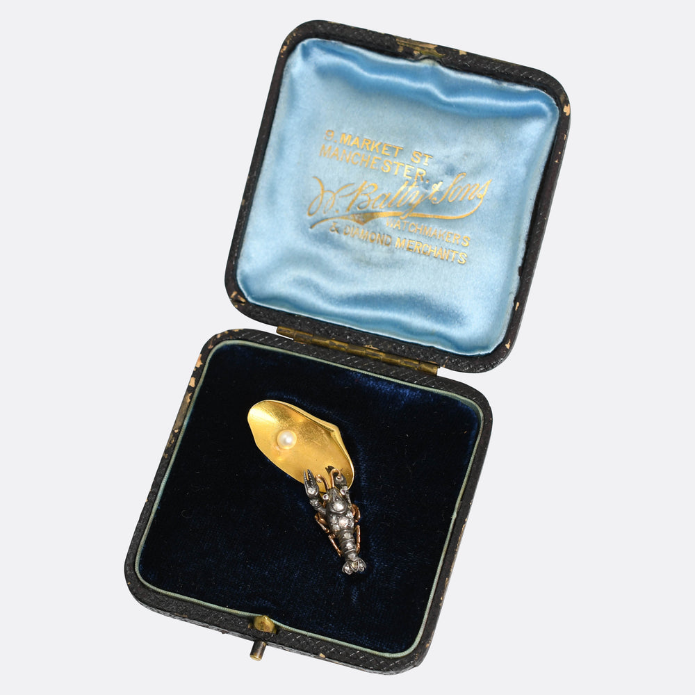 Late Victorian Rose Cut Diamond & Pearl Lobster Brooch