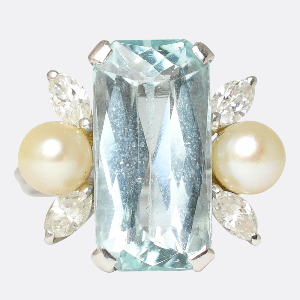 Mid-Century Aquamarine, Diamond & Pearl Cocktail Ring