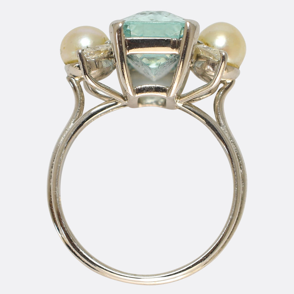 Mid-Century Aquamarine, Diamond & Pearl Cocktail Ring