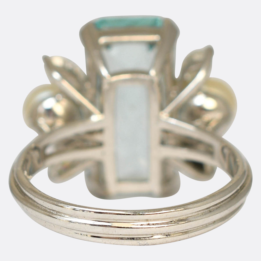 Mid-Century Aquamarine, Diamond & Pearl Cocktail Ring