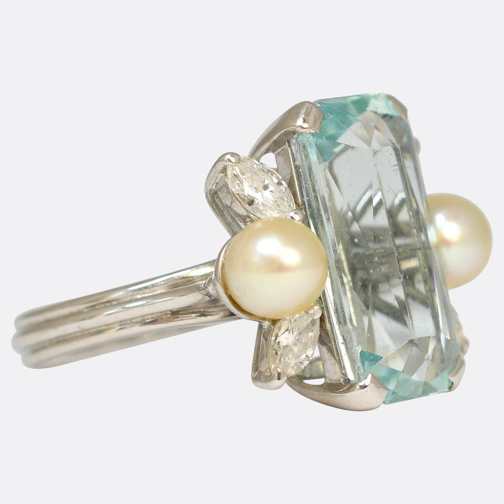 Mid-Century Aquamarine, Diamond & Pearl Cocktail Ring