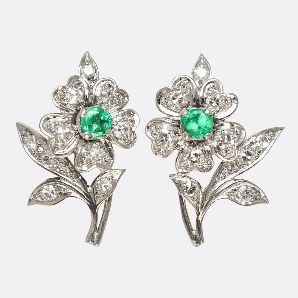 Mid-Century Emerald & Diamond Flower Stud Earrings