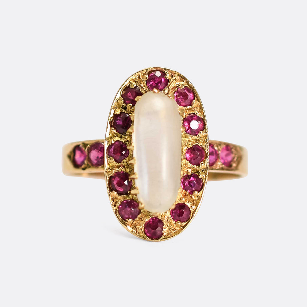 Mid-Century Ruby & Moonstone Cluster Ring