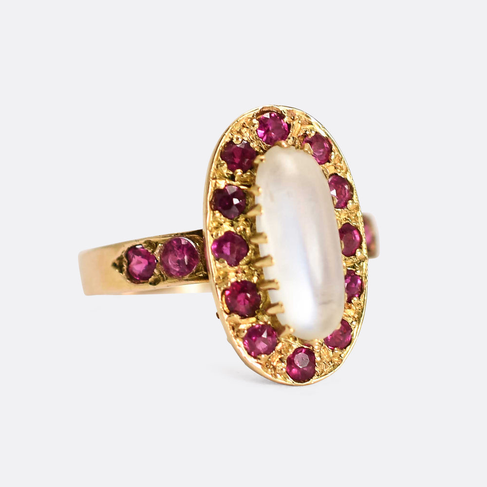 Mid-Century Ruby & Moonstone Cluster Ring