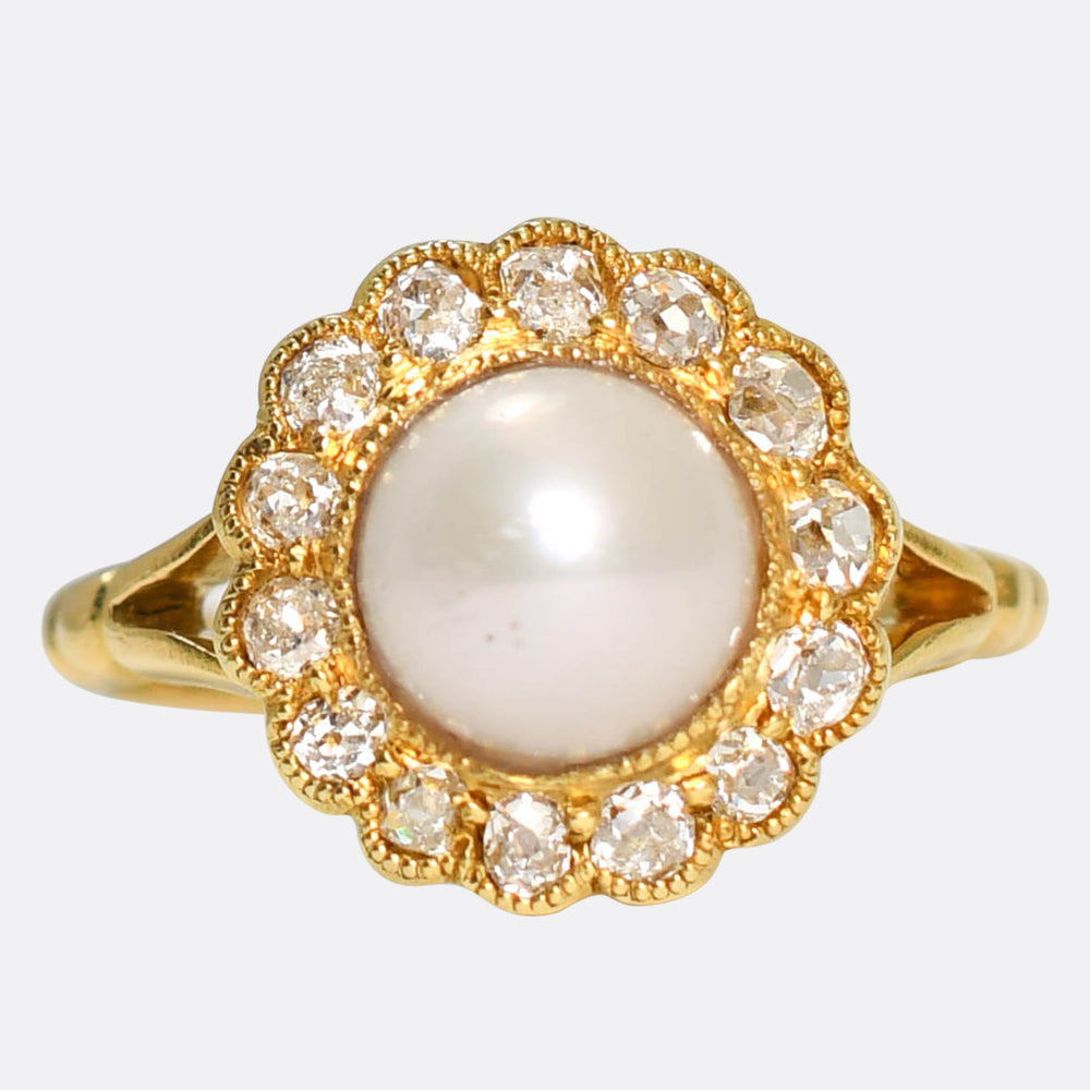 Pretty Antique Pearl & Diamond Cluster Ring