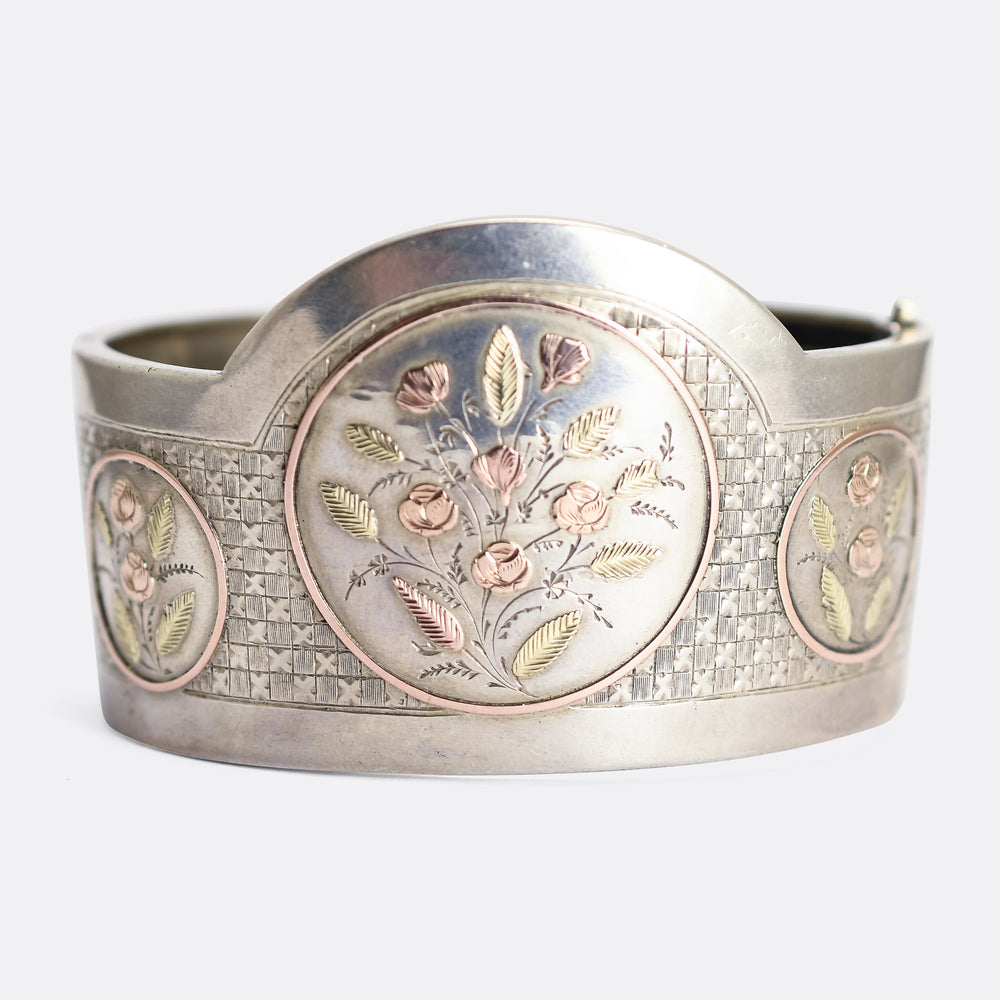 Set of Three Victorian Silver Cuff Bangles with Rose Gold Inlay