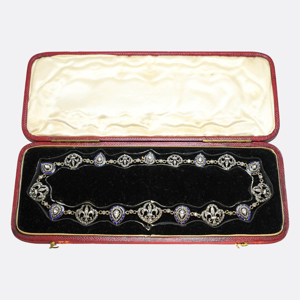 The July Monarchy Diamond & Enamel Fleur-De-Lys Boxed Necklace