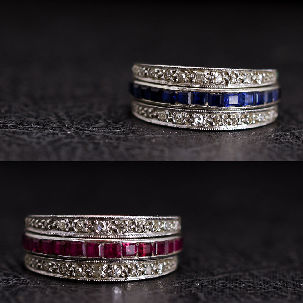 Art Deco Ruby, Sapphire & Diamond Day & Night Eternity Ring