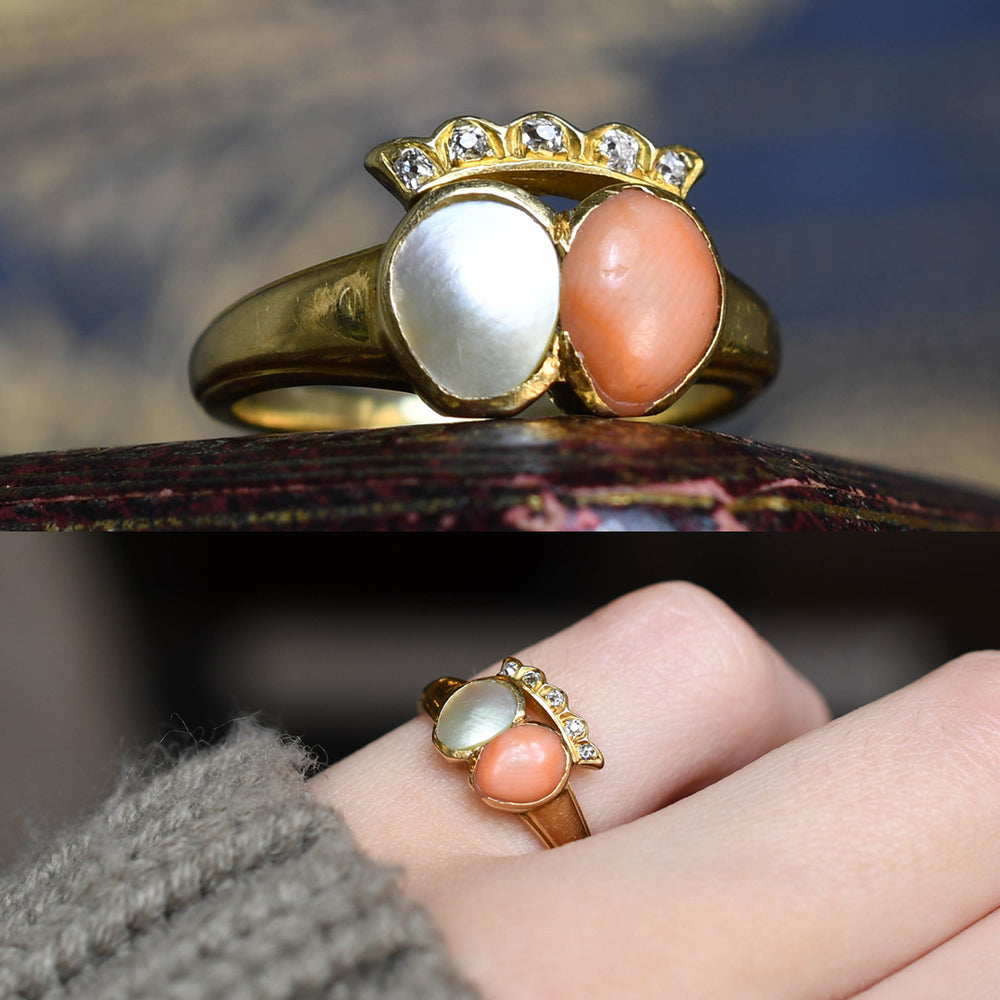 Georgian Coral & Pearl Crowned Double Heart Ring