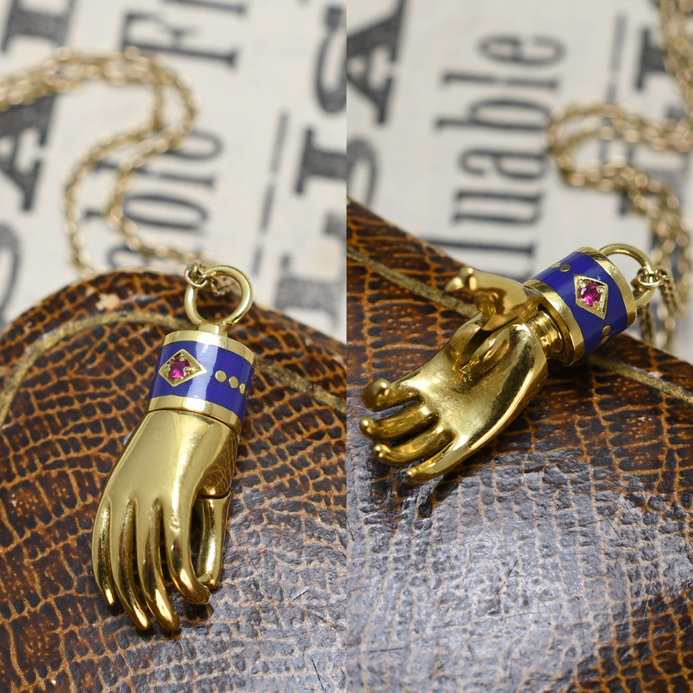 18k Gold, Ruby & Enamel Hand Charm Holder
