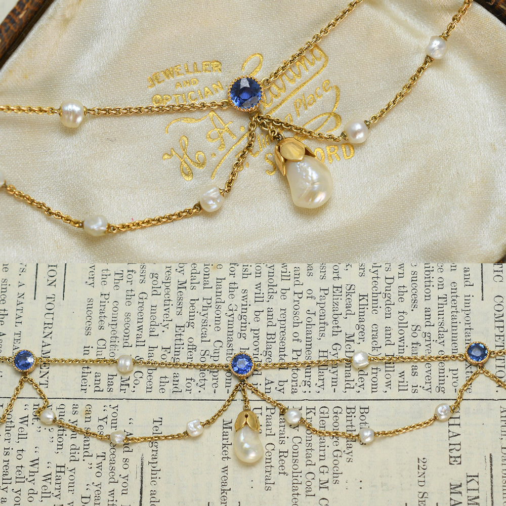 Edwardian Sapphire & Natural Pearl Swag Necklace