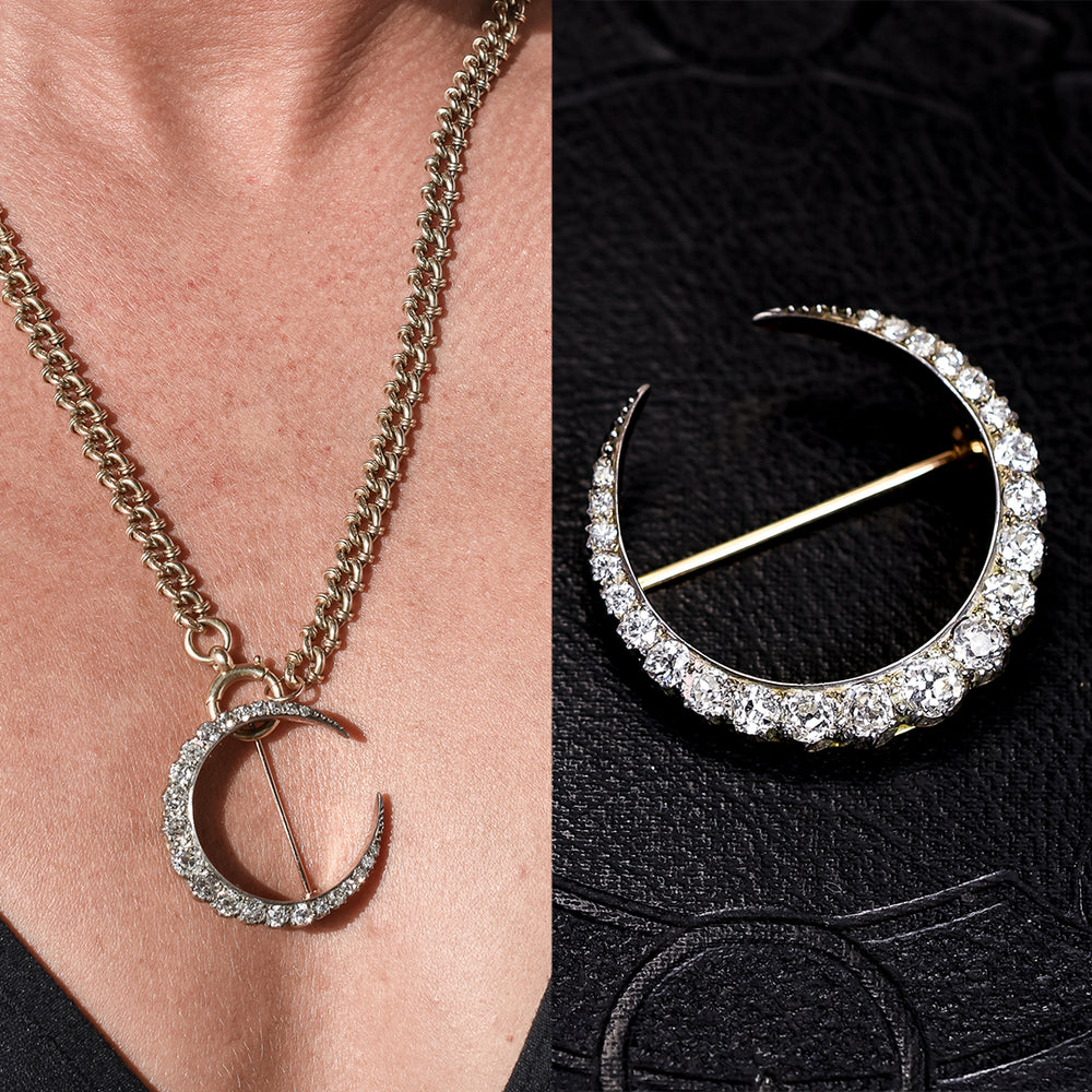 Victorian 3ct Diamond Crescent Moon Brooch