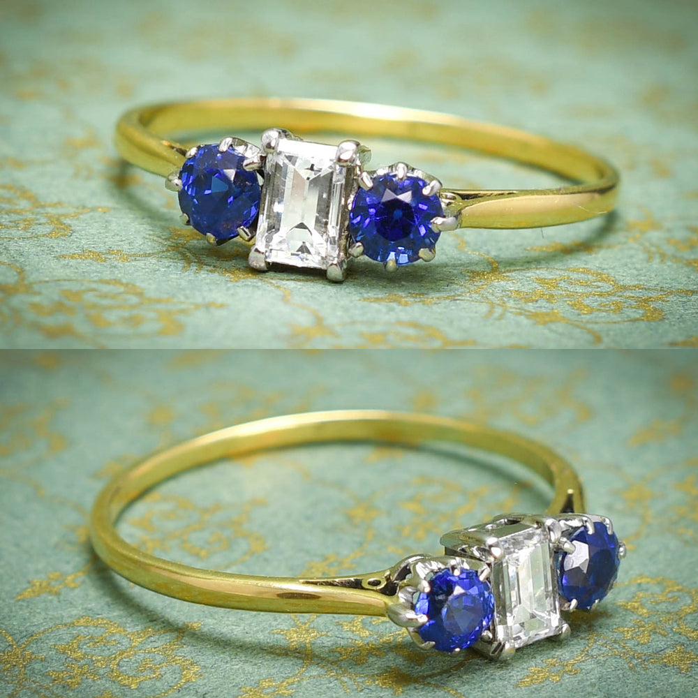 Edwardian Sapphire & Baguette Diamond Trilogy Ring