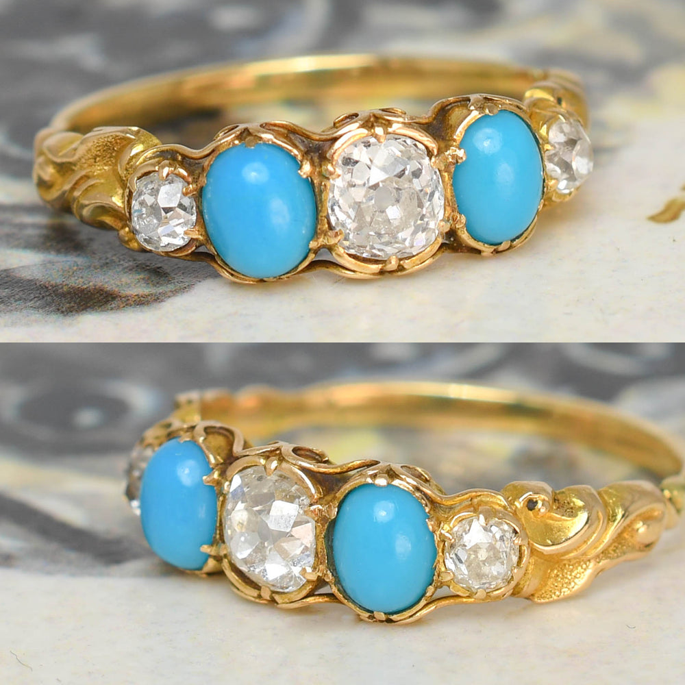 Georgian Turquoise & Diamond 5-Stone Half Hoop Ring
