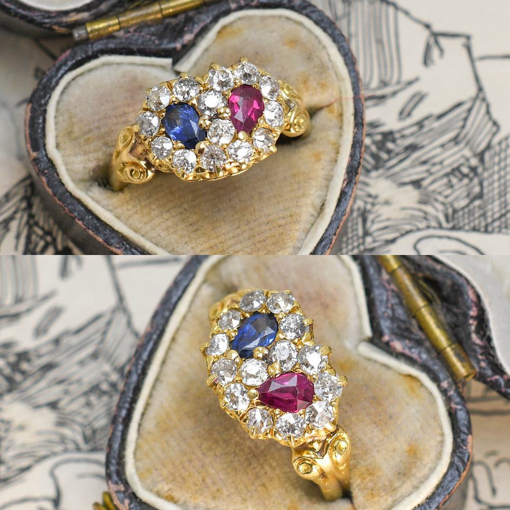 Victorian Diamond, Ruby & Sapphire Double Heart Ring