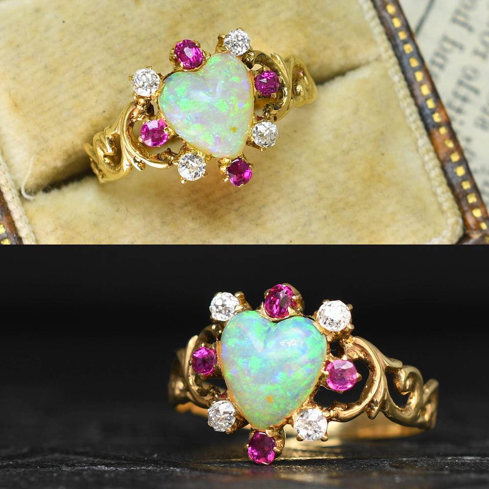 Antique Opal, Ruby & Diamond Heart Satellite Ring