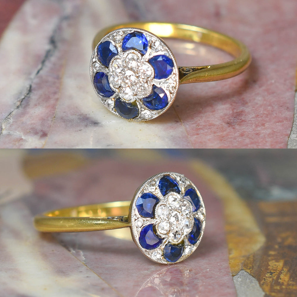 Edwardian Half-Moon Sapphire & Diamond Flower Cluster Ring