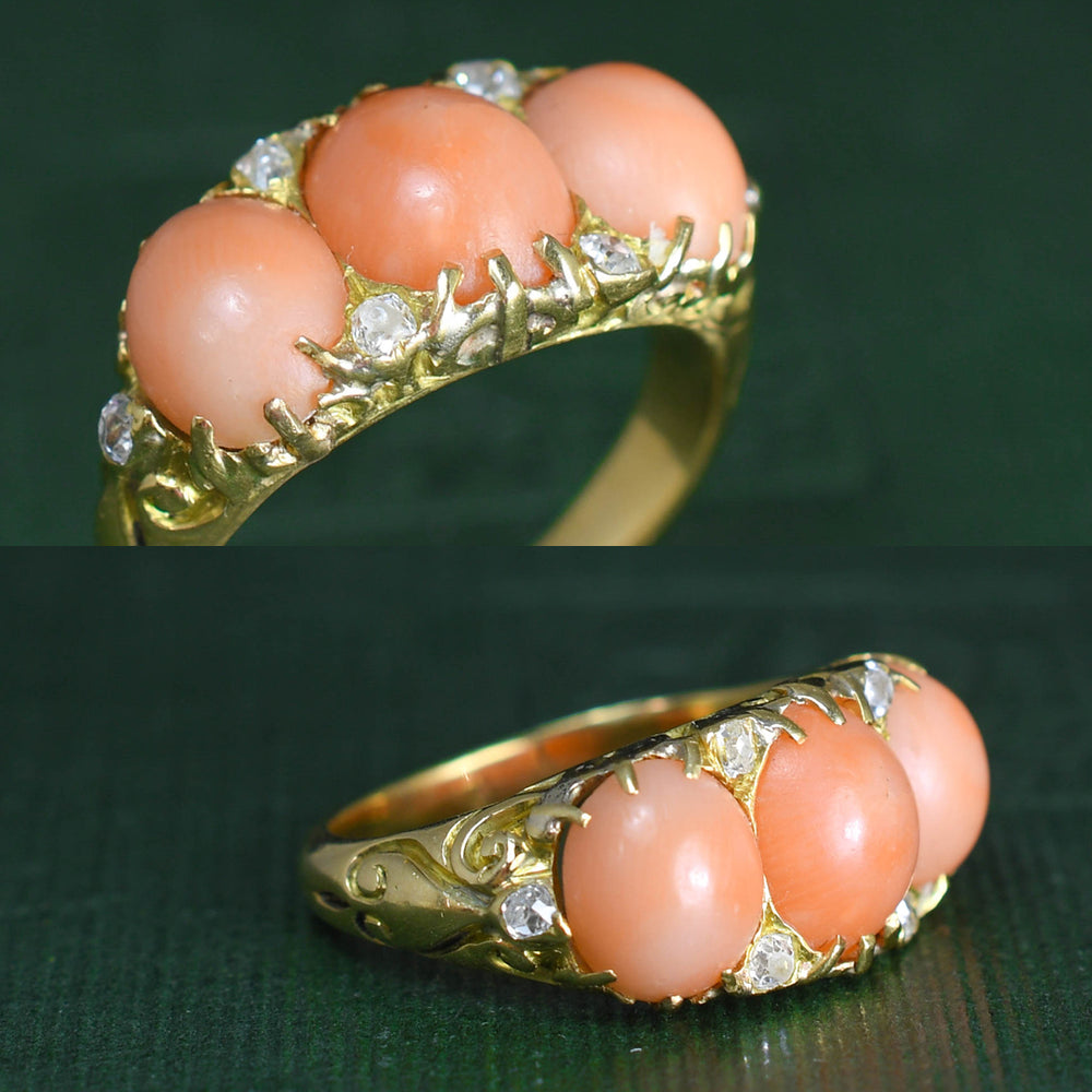 Victorian 3-Stone Coral & Diamond Ring