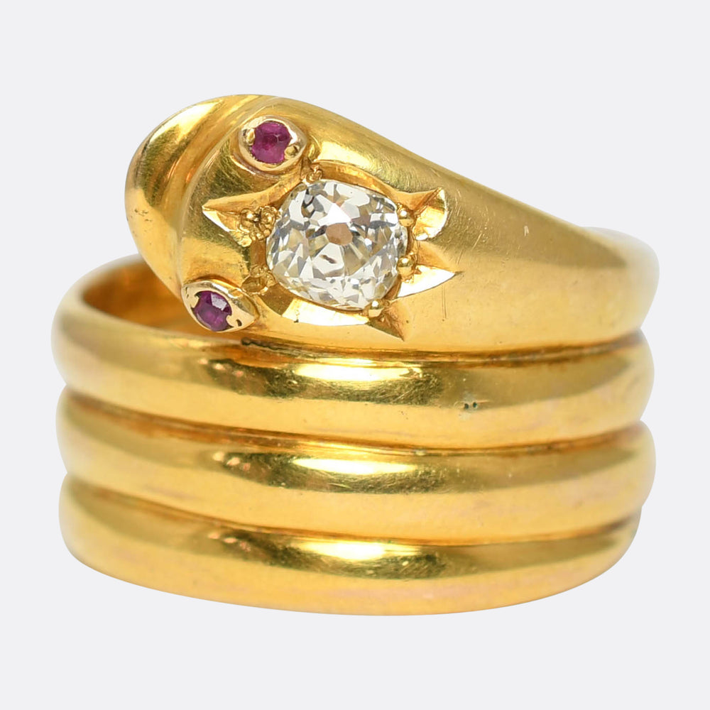 Victorian 0.75ct Diamond & Ruby Coiled Snake Ring