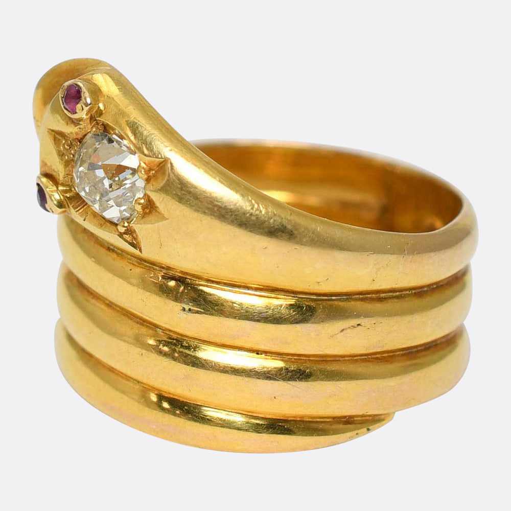Victorian 0.75ct Diamond & Ruby Coiled Snake Ring