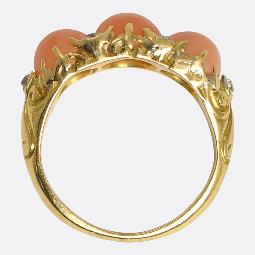 Victorian 3-Stone Coral & Diamond Ring