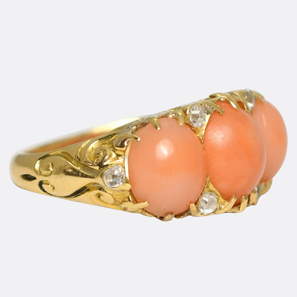 Victorian 3-Stone Coral & Diamond Ring