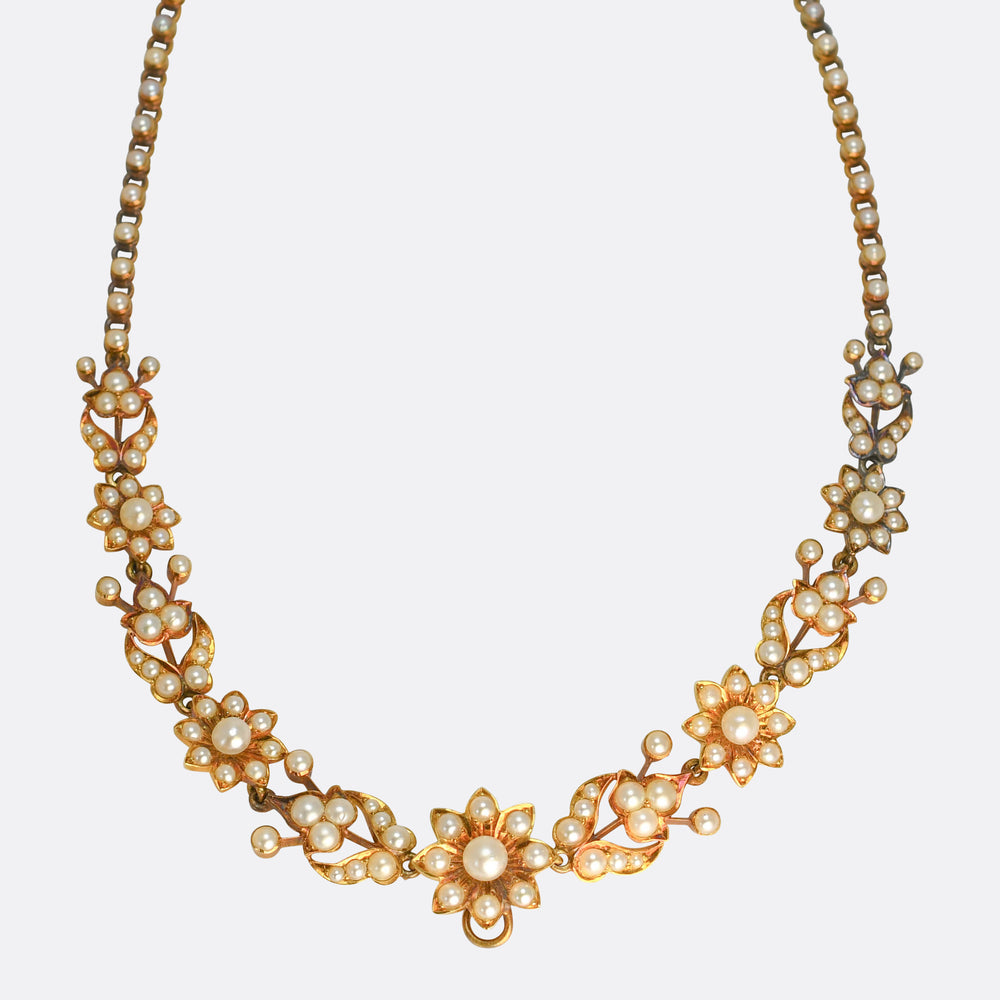 Victorian Boxed Natural Pearl Flower Necklace