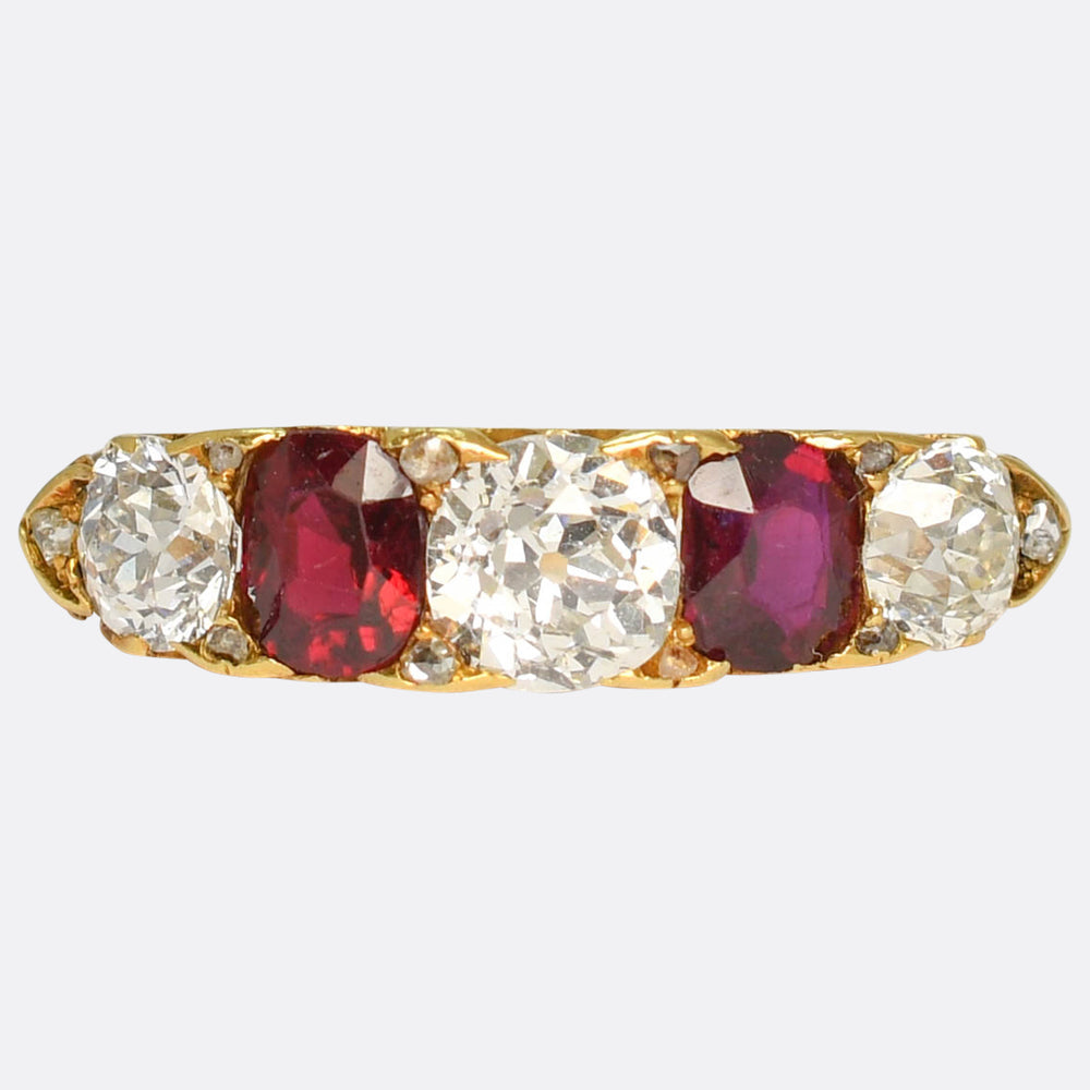 Victorian Burma Ruby & Diamond 5-Stone Half Hoop Ring