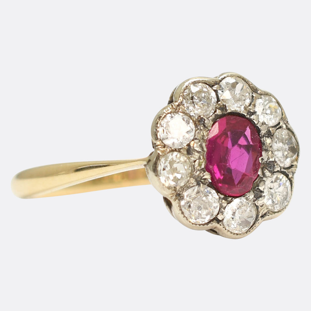 Victorian Burma Ruby & Diamond Daisy Cluster Ring