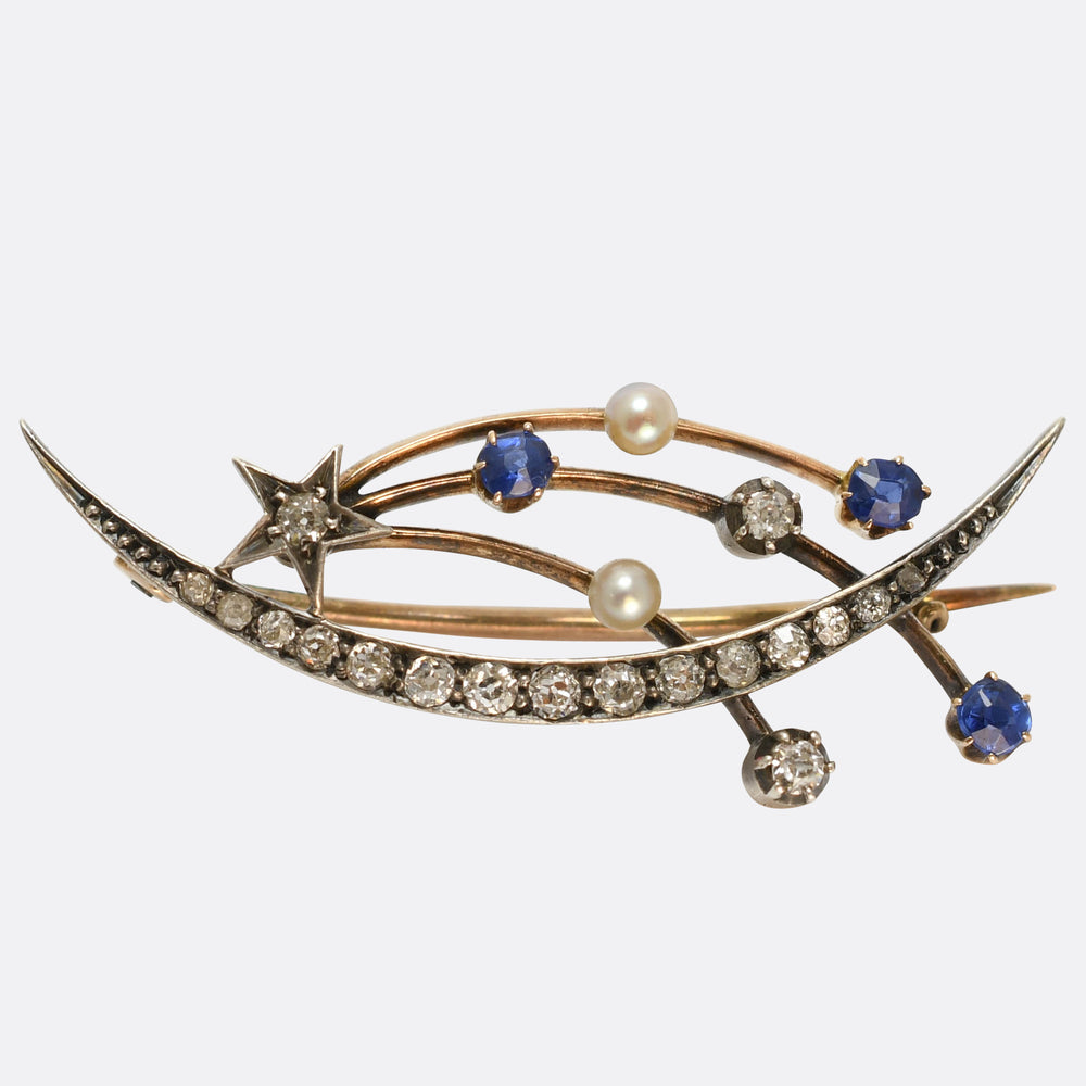 Victorian Celestial Shooting Star & Crescent Moon Brooch