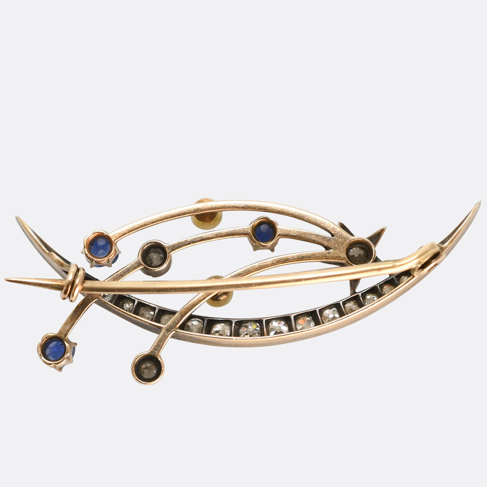 Victorian Celestial Shooting Star & Crescent Moon Brooch