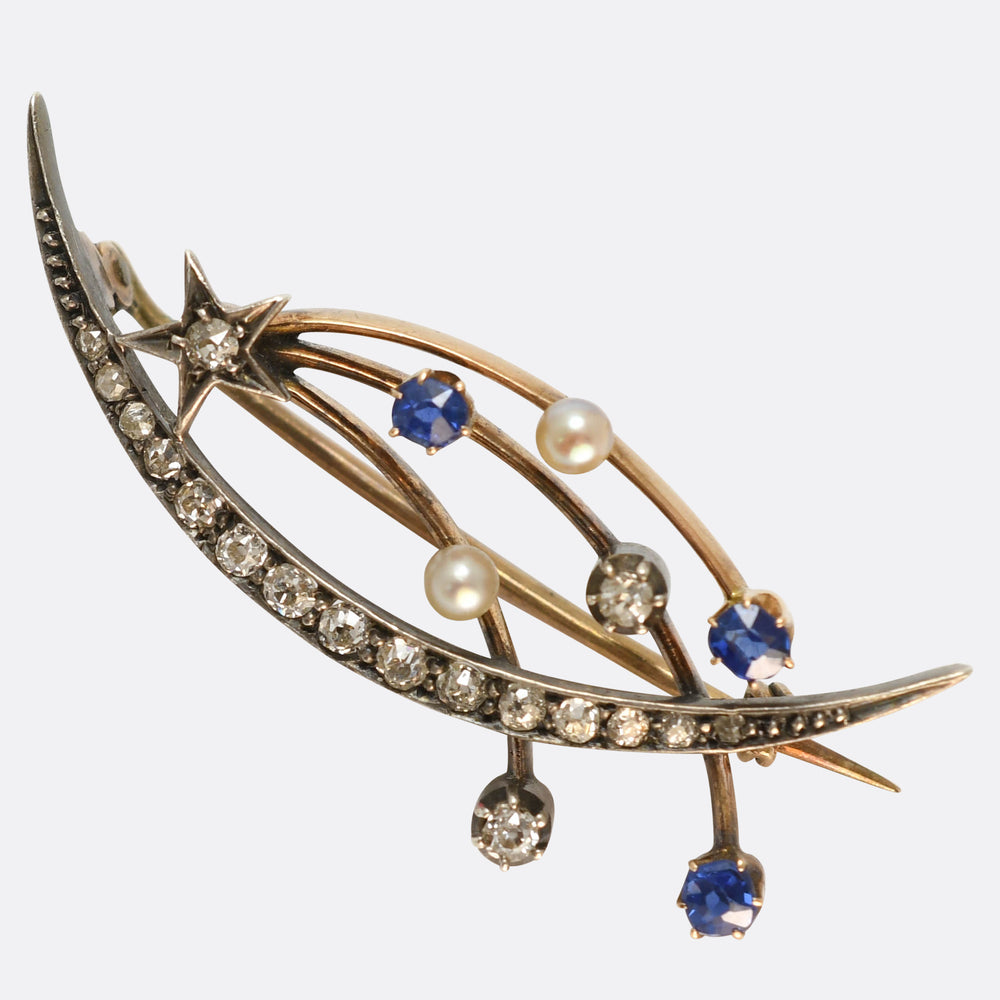 Victorian Celestial Shooting Star & Crescent Moon Brooch
