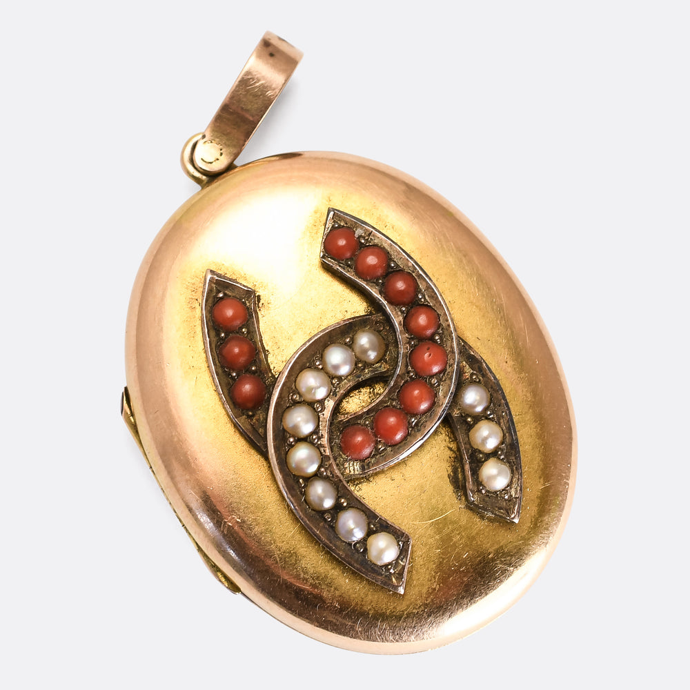 Victorian Coral & Pearl Double Horseshoe Locket