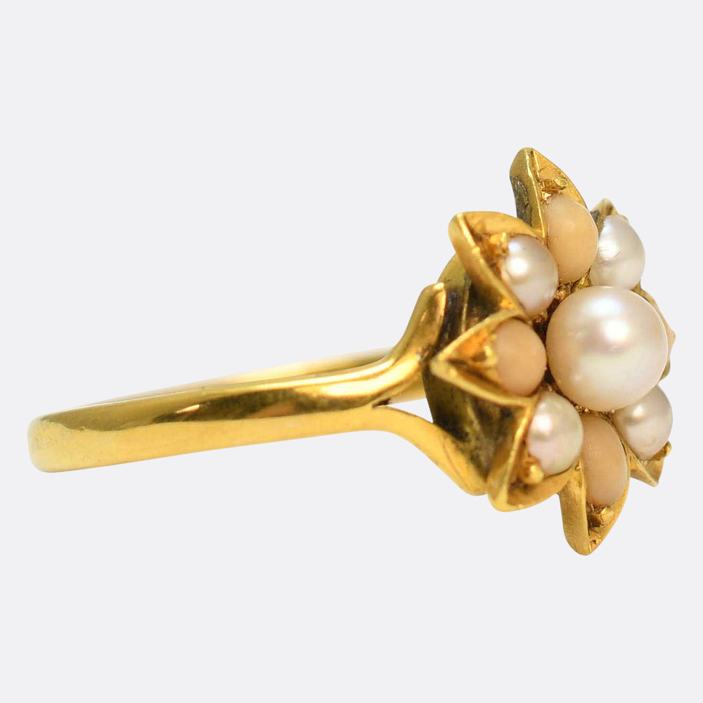 Victorian Coral & Pearl Flower Cluster Ring