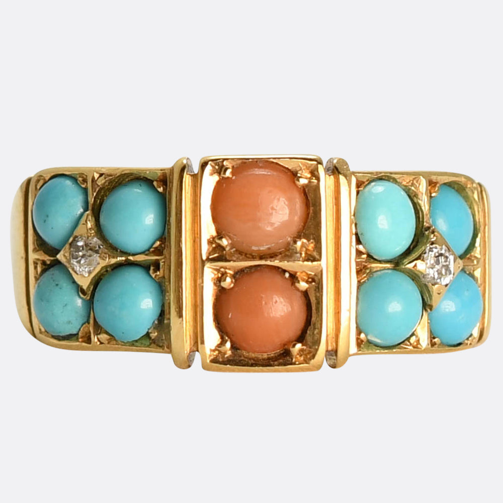 Victorian Coral, Turquoise & Diamond Cluster Ring