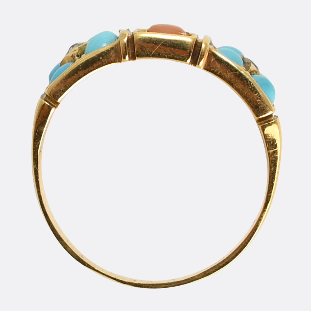 Victorian Coral, Turquoise & Diamond Cluster Ring
