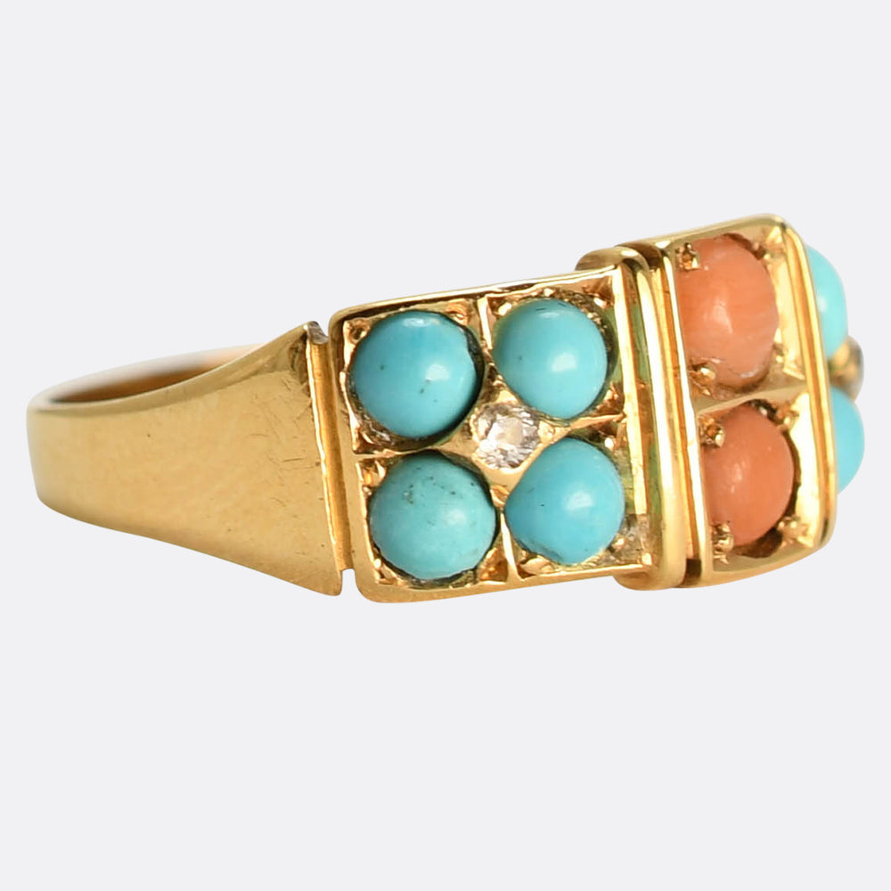 Victorian Coral, Turquoise & Diamond Cluster Ring