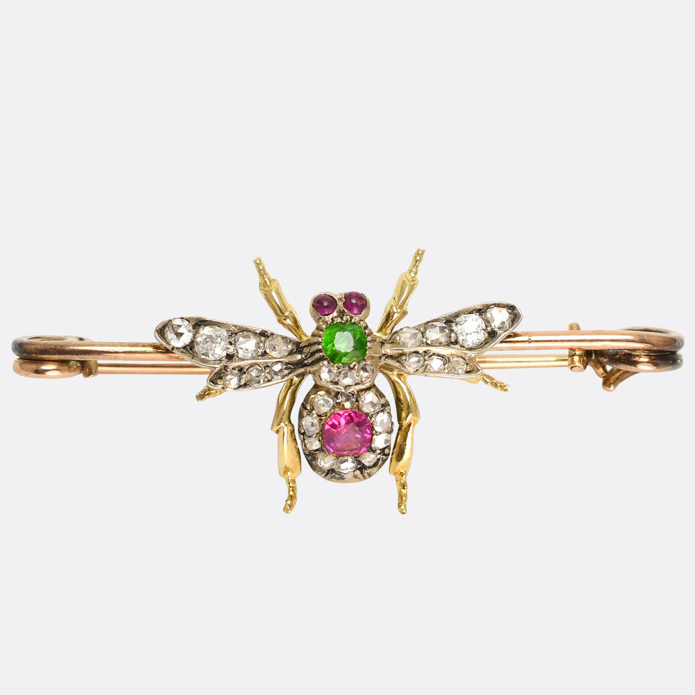 Victorian Demantoid Garnet, Burma Ruby & Diamond  Insect Brooch