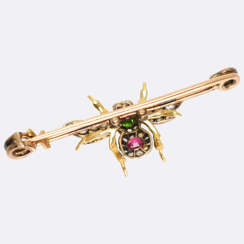 Victorian Demantoid Garnet, Burma Ruby & Diamond  Insect Brooch