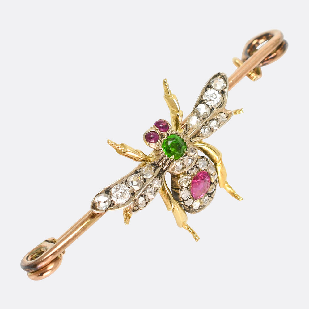 Victorian Demantoid Garnet, Burma Ruby & Diamond  Insect Brooch