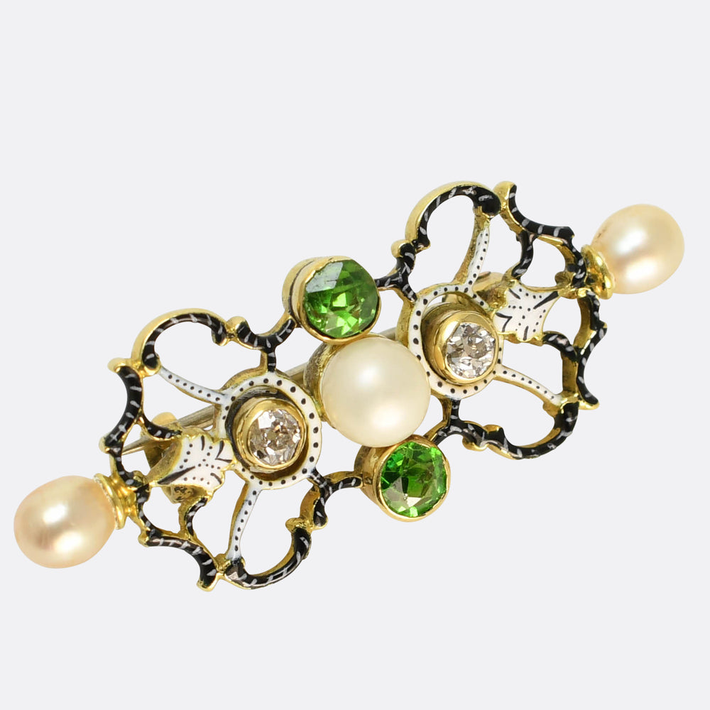 Victorian Demantoid Garnet, Pearl & Diamond Brooch
