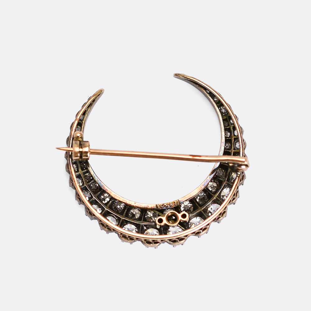 Victorian Diamond Crescent Moon Brooch