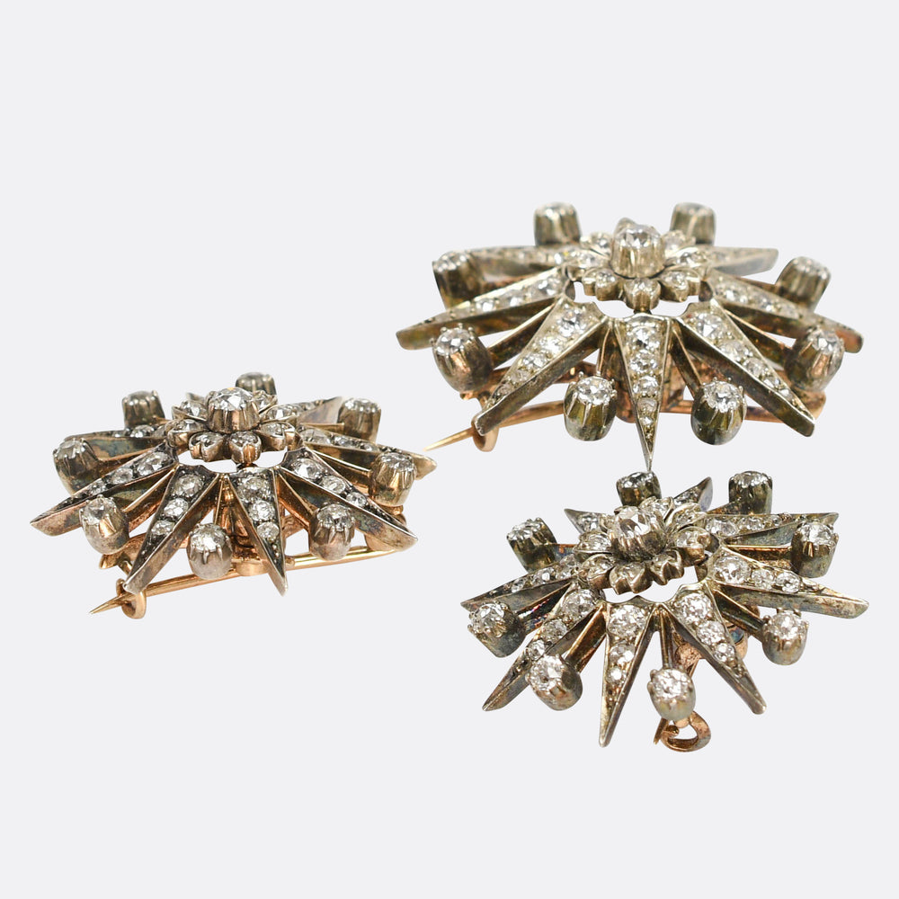 Victorian Diamond Flower Starburst Brooch Set