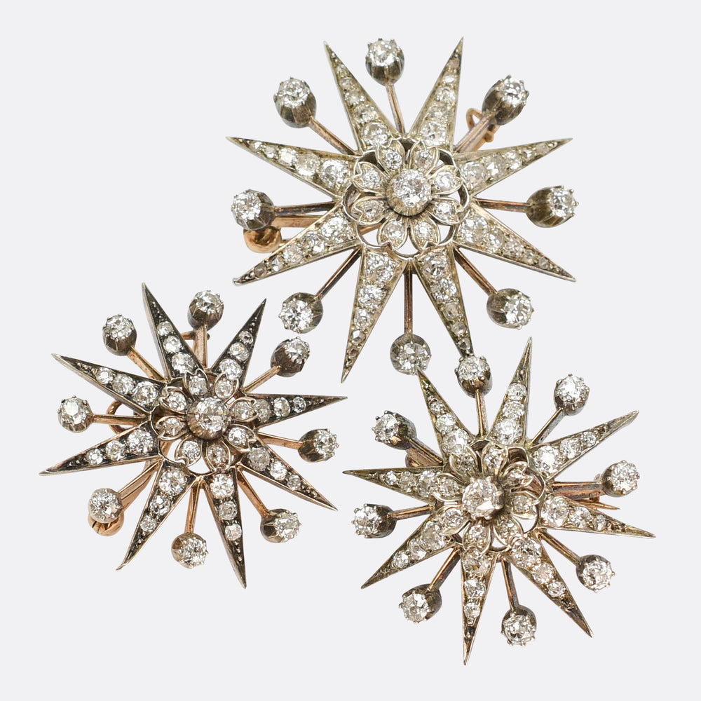 Victorian Diamond Flower Starburst Brooch Set