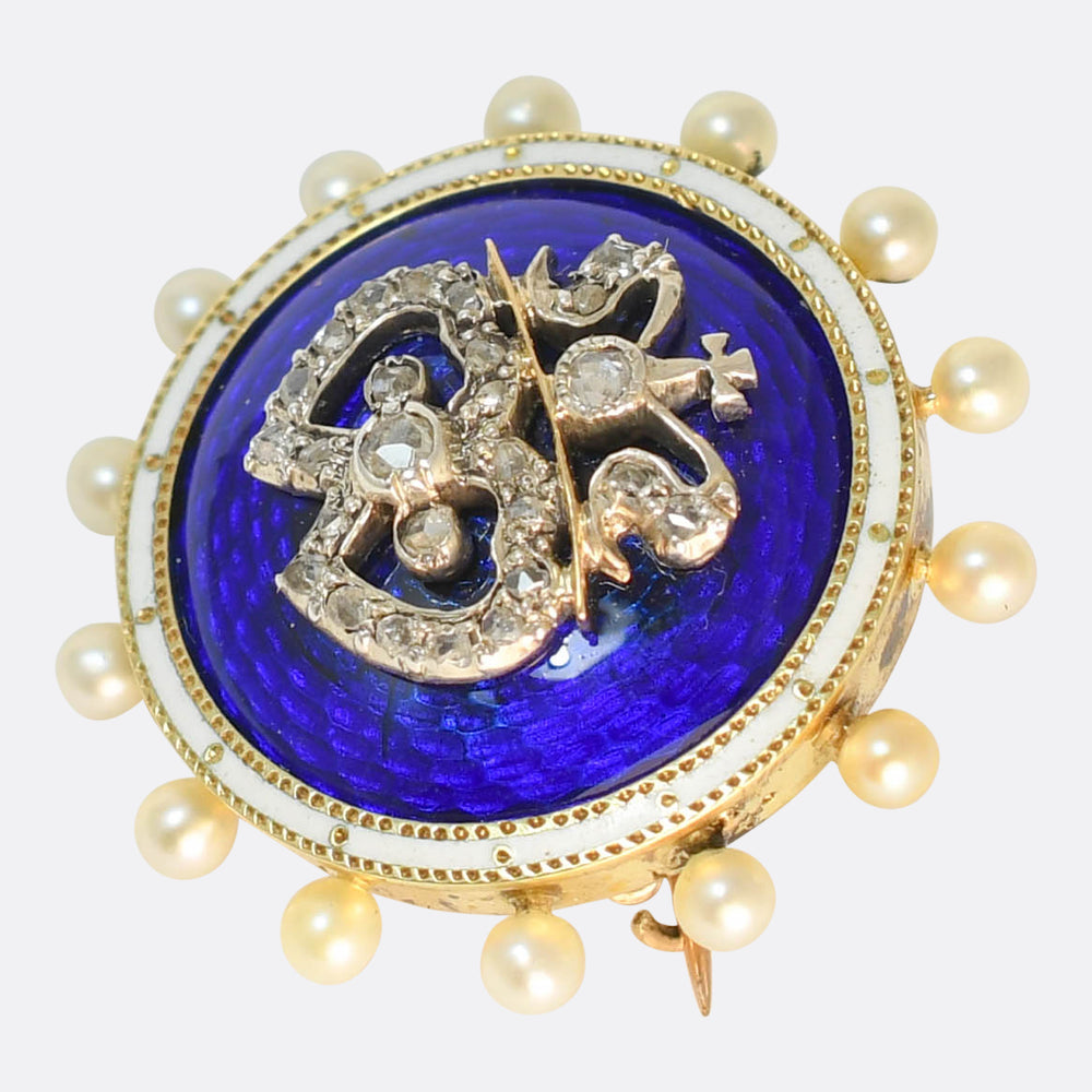 Victorian Diamond, Pearl & Enamel Intertwined Heart Brooch