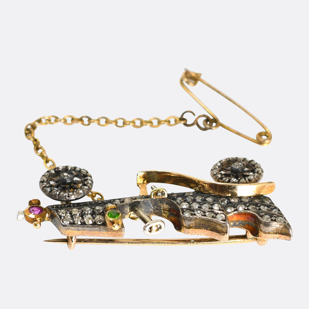 Victorian Diamond, Ruby & Demantoid Garnet Classic Car Brooch
