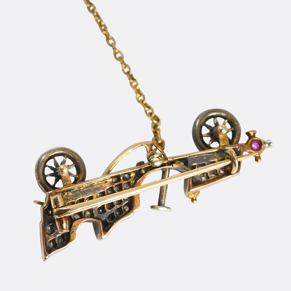 Victorian Diamond, Ruby & Demantoid Garnet Classic Car Brooch